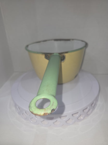 Vintage Enamelware Sauce Pan Cream Green Trim White Inside en90