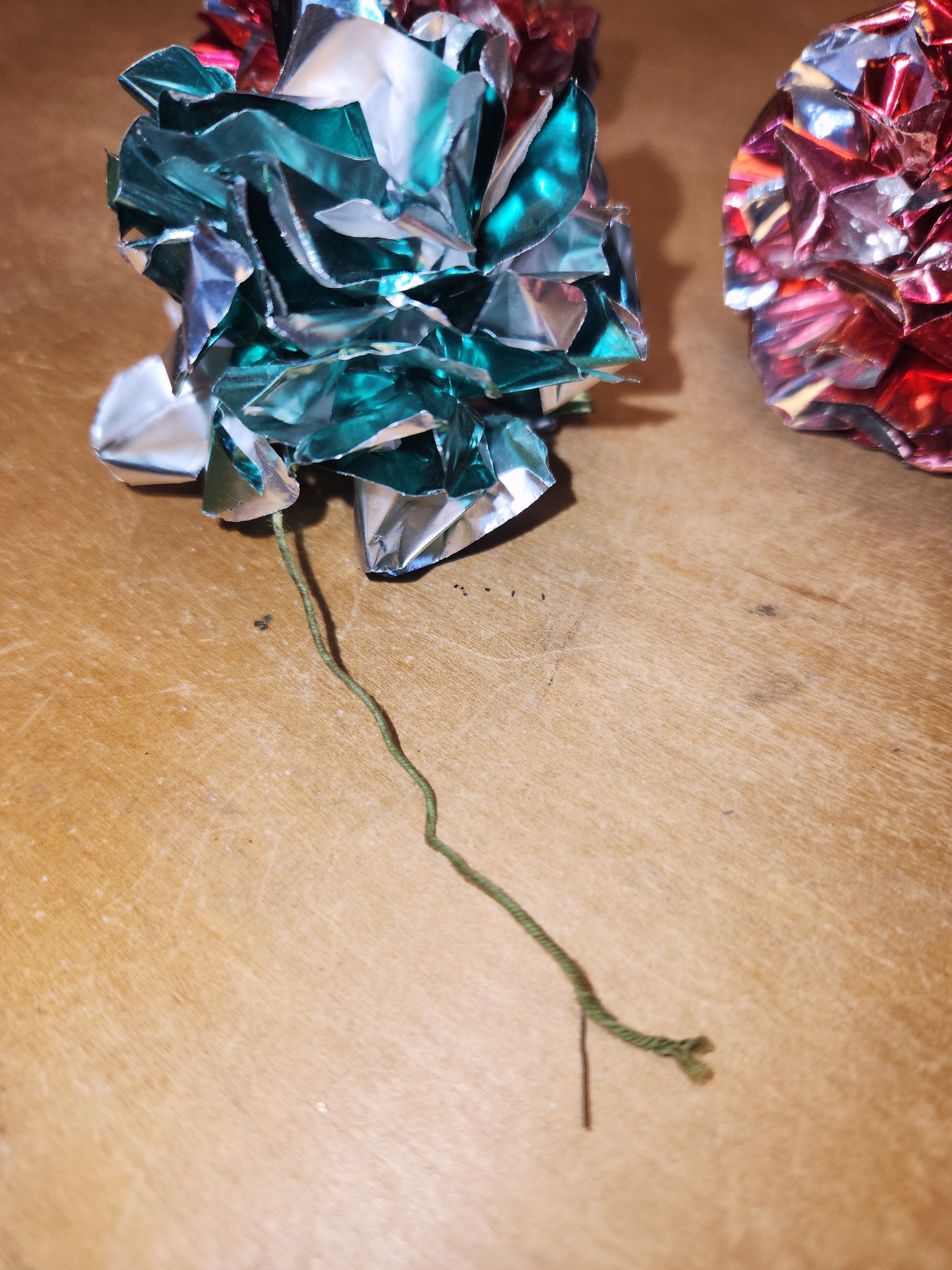 Vintage Crinkle Ball Ornaments or Picks Set of 3 Pinkish Red and Green vo21
