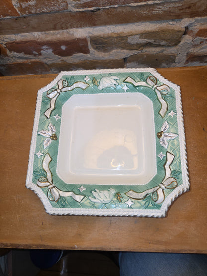 Vintage Claire Burke 2001 Holiday Collection Ceramic Pedestal AND Embossed Candy Dish Green with Bows vcd1