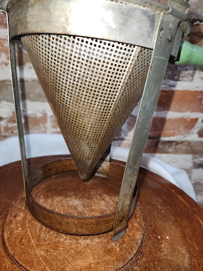 Vintage Cone Sieve Colander in stand Green Handle Patina kit719