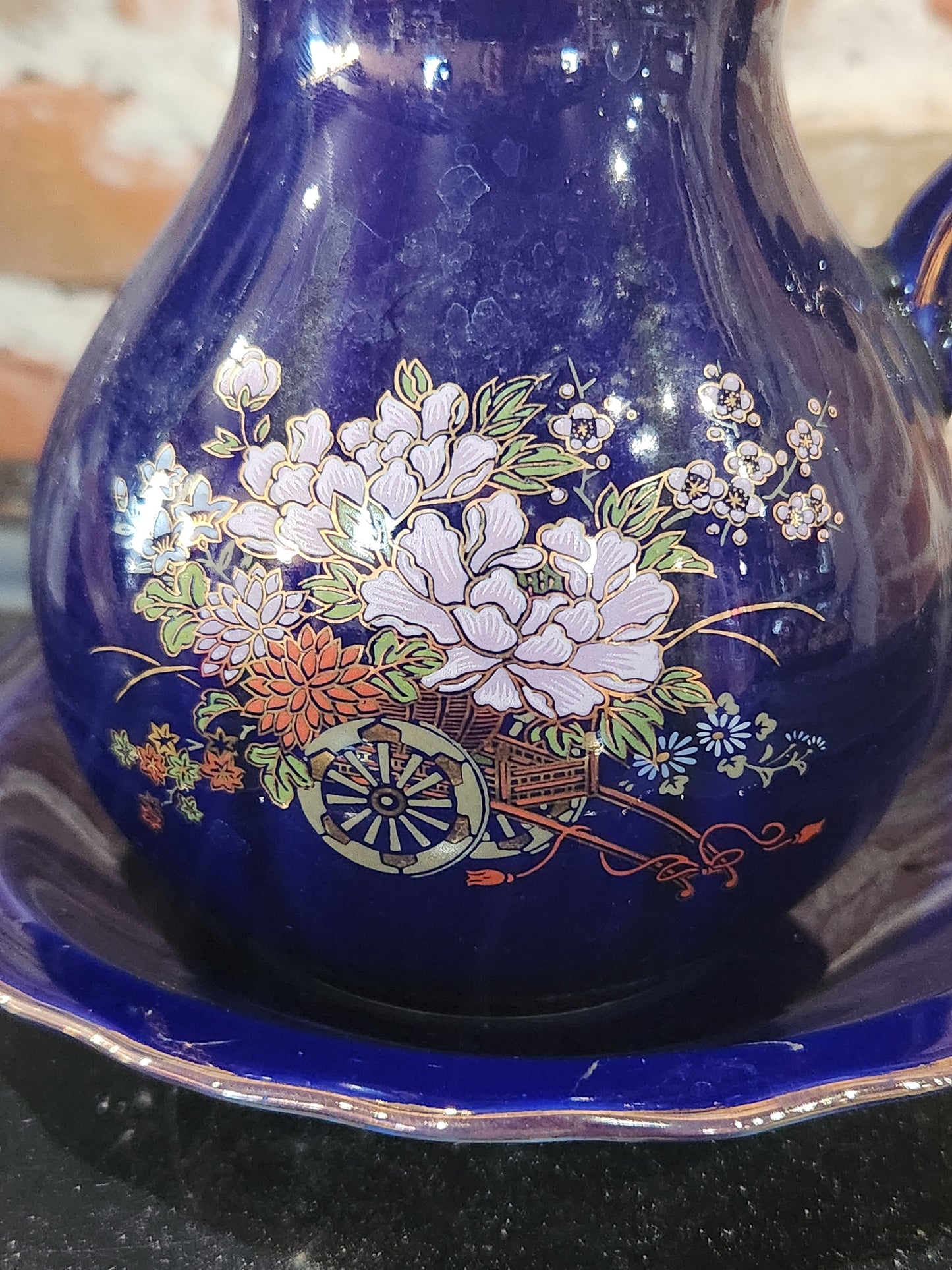 Porcelain Small Pitcher Bowl Set Taiwan Blue Floral Gold Trim Accent pit23 CLEARANCE
