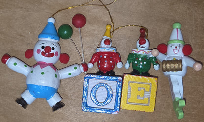 Vintage Wooden Ornament Circus Clowns Set of 4 MCM Kitchy