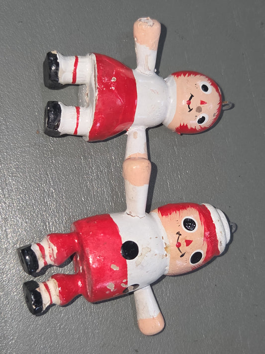 Vintage Wooden Ornaments Ragedy Ann and Ragedy Andy Set of 2 MCM Kitchy