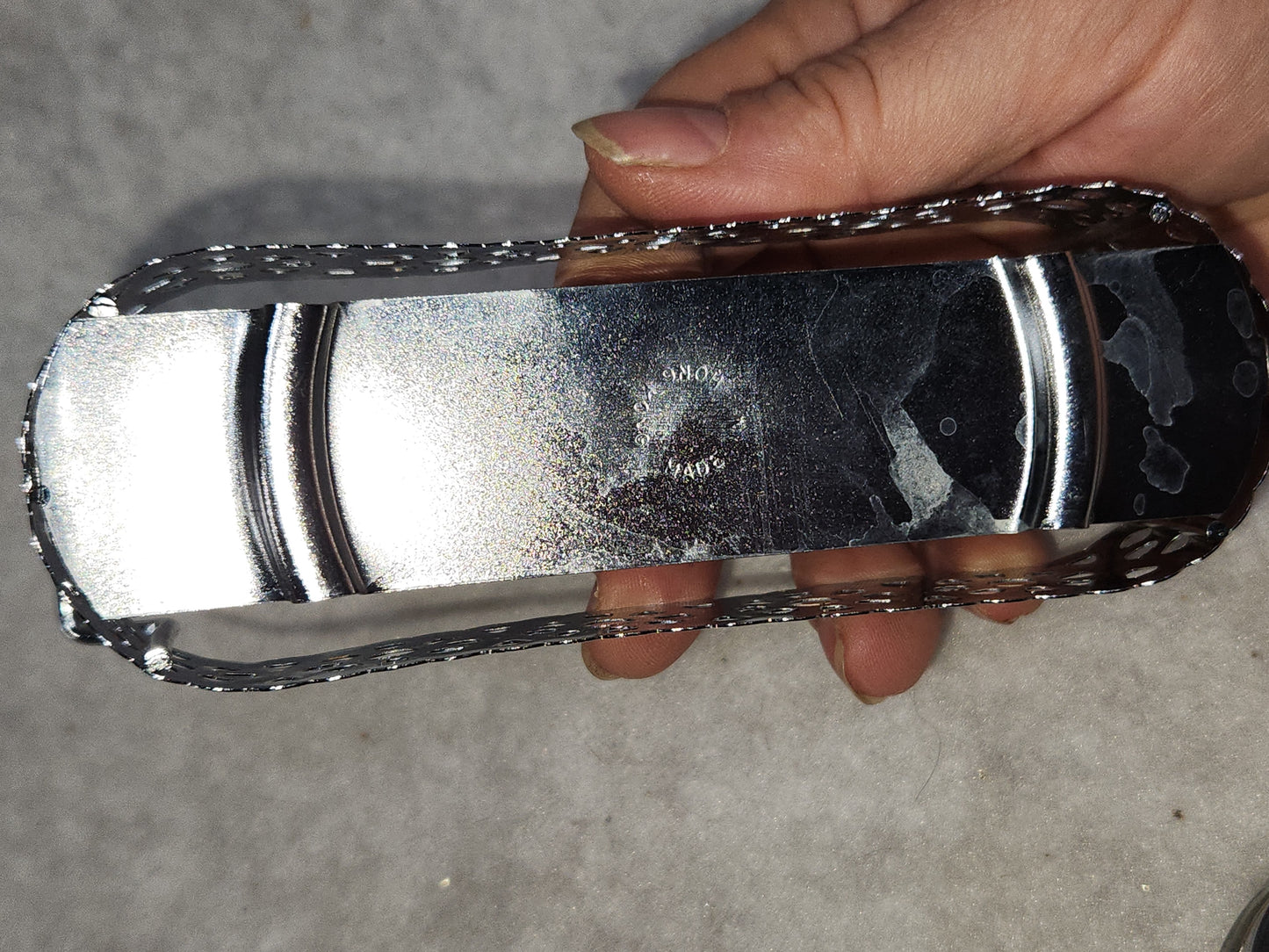 Vintage clear cut glass salt, pepper and condiment set in aluminum holder has tiny spoon sps24