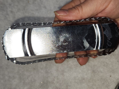 Vintage clear cut glass salt, pepper and condiment set in aluminum holder has tiny spoon sps24