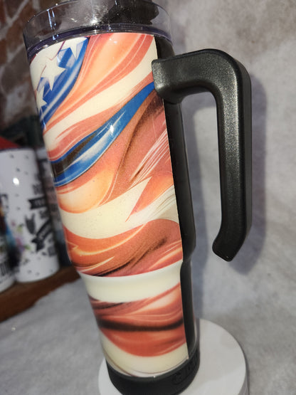 30 oz tumbler with black rechargeable speaker Flag tfg1