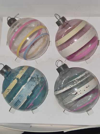 Vintage 2 1/4" Unsilvered Transparent and Blue Glass Ornament WWII Era 1940s Unmatched Set of 4 with Stripes AS IS vo123