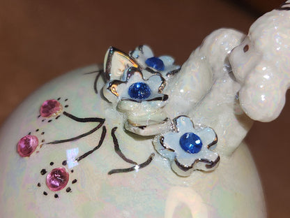 Vintage Porcelain Egg with 3D Lamb Butterfly Flowers and Leaves Gold Accents. Eg9