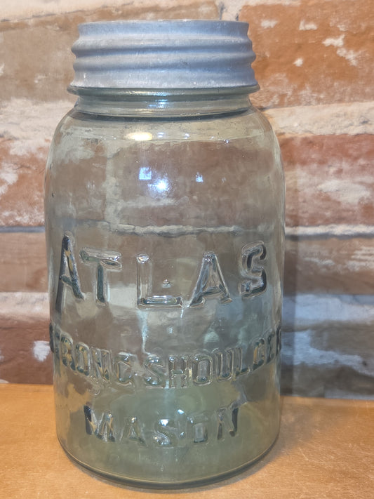 Vintage Atlas Quart Jar Strong Shoulder Mason Cornflower Blue with Zinc Lid jar87