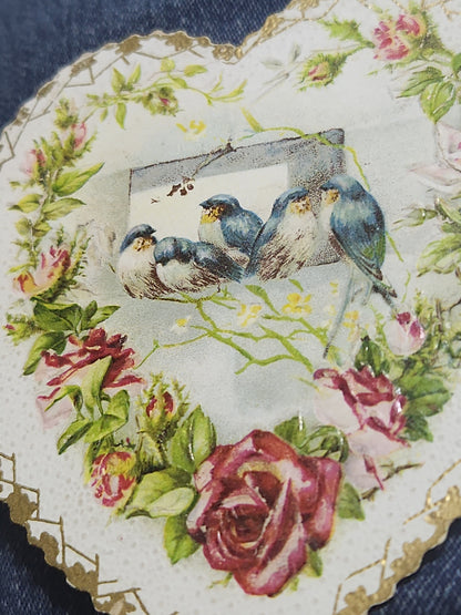 Antique Valentine Card Die-Cut Embossed Heart with Birds and Roses