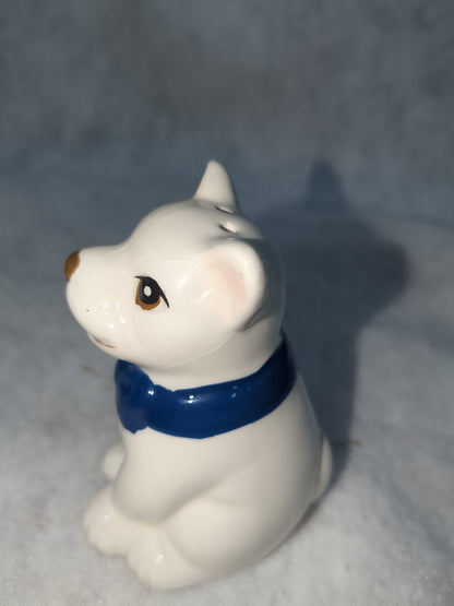French Bulldog Ceramic Salt and Pepper Shakers Red & Blue Bow Ties Missing One Stopper CLEARANCE
