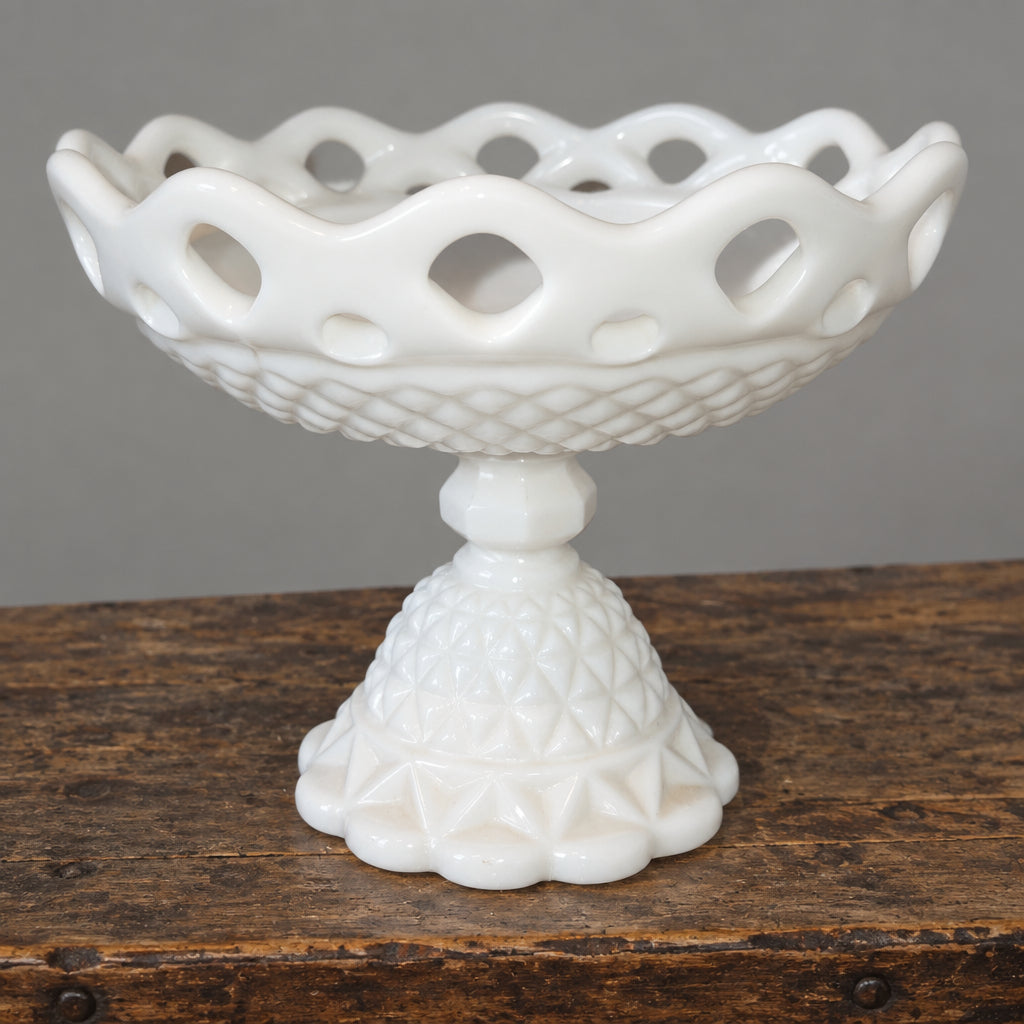 Vintage Imperial Glass White Milk Glass Footed Compote Open Laced Edge Crochet Edge and Diamond Point Pattern mg101