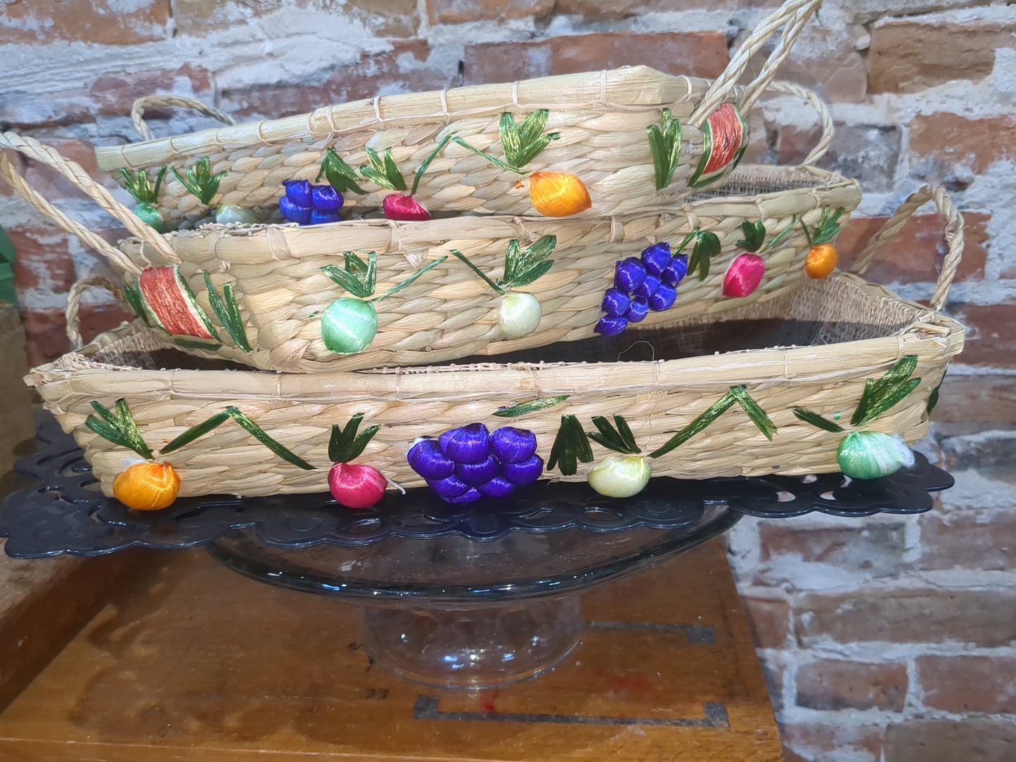 3 Vintage Boho Nesting Raffia Wicker Straw Lined Casserole Baskets, Tray Set 1970s or 1980s