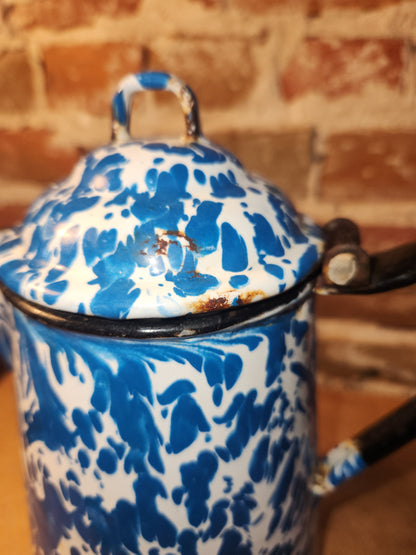 Vintage Enamelware Graniteware Coffee Pot with Lid Blue White Swirl Splotches ew70