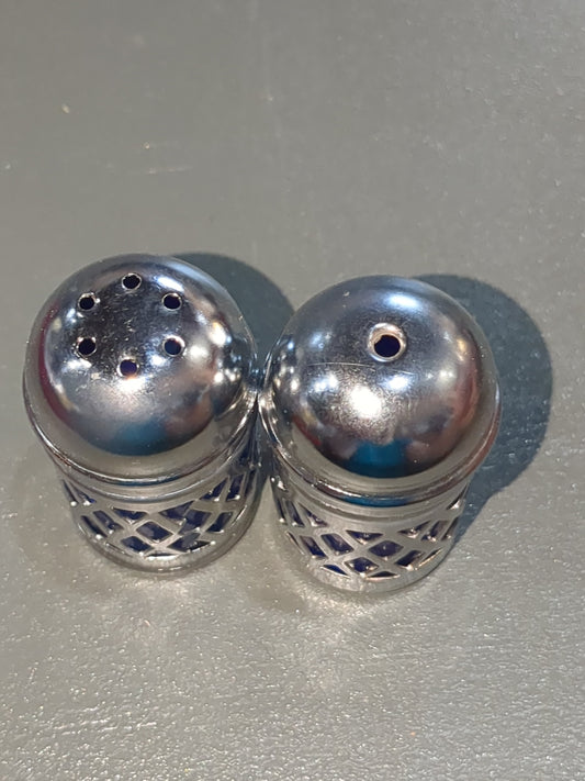 Silver and cobalt Blue glass and metal Lattice Salt and Pepper Shakers