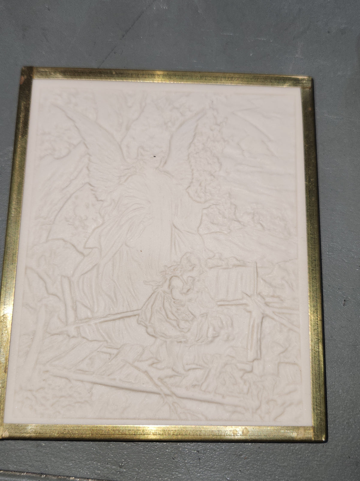 Vintage Fan-shaped Cast Metal Nightlight Holding Porcelain Lithophane "Guardian Angel at the Bridge" nl6