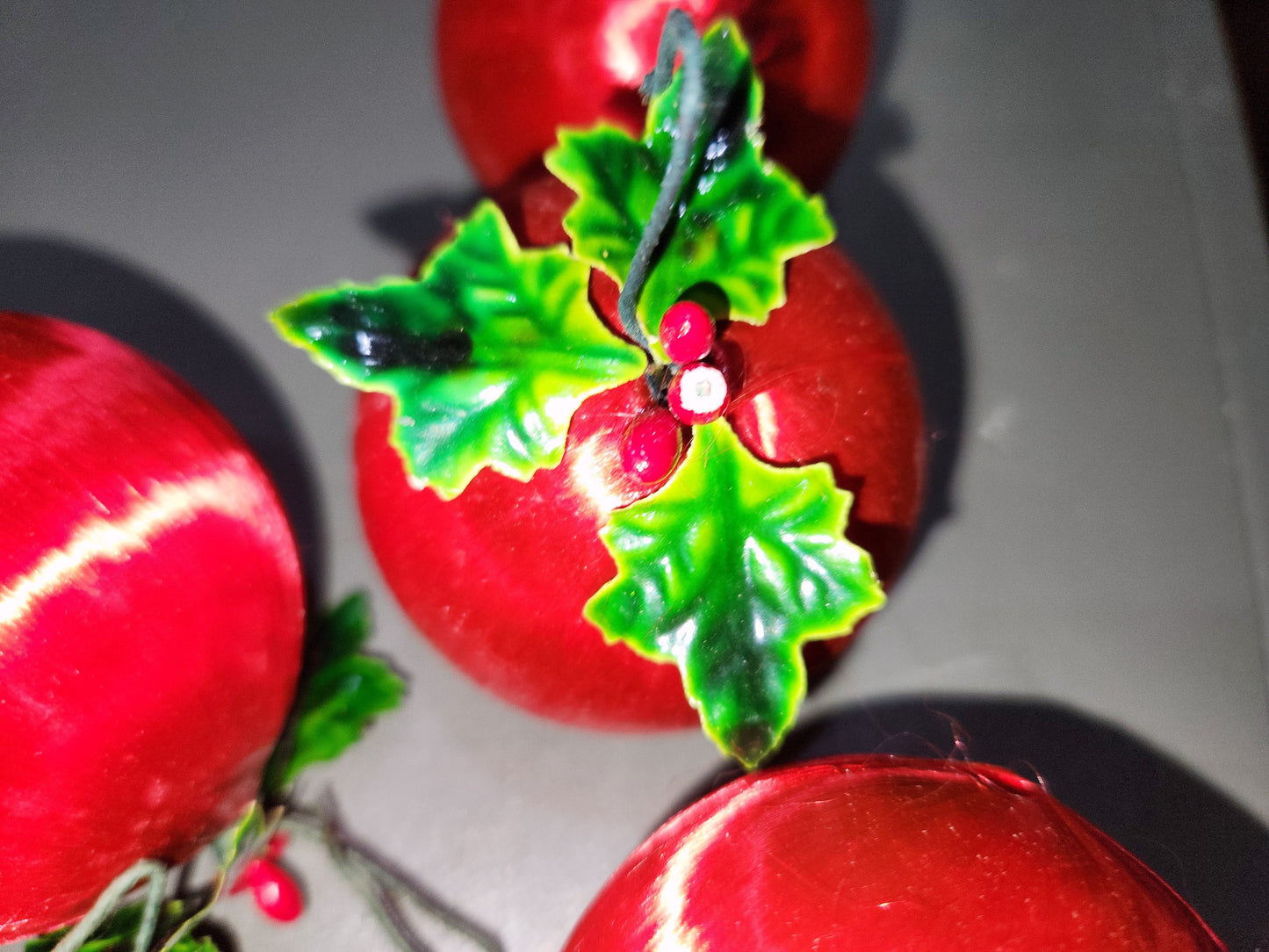 Vintage Red Satin Spun Silk Christmas Ornament 2" Ball With Green Holly Leaf and Green Metal Hanger