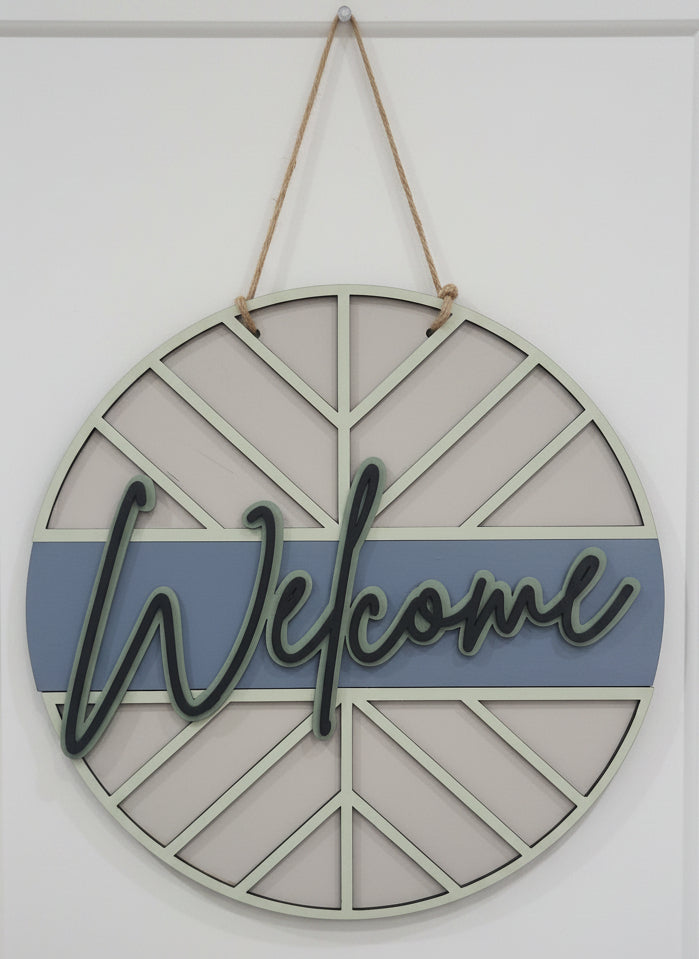 Door Sign 16" Handpainted Boho Welcome Blue, Green, tan, black CLEARANCE ds2