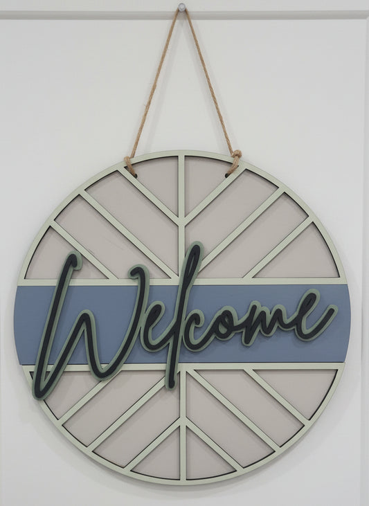 Door Sign 16" Handpainted Boho Welcome Blue, Green, tan, black CLEARANCE ds2