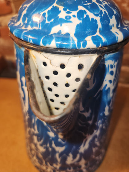 Vintage Enamelware Graniteware Coffee Pot with Lid Blue White Swirl Splotches ew70