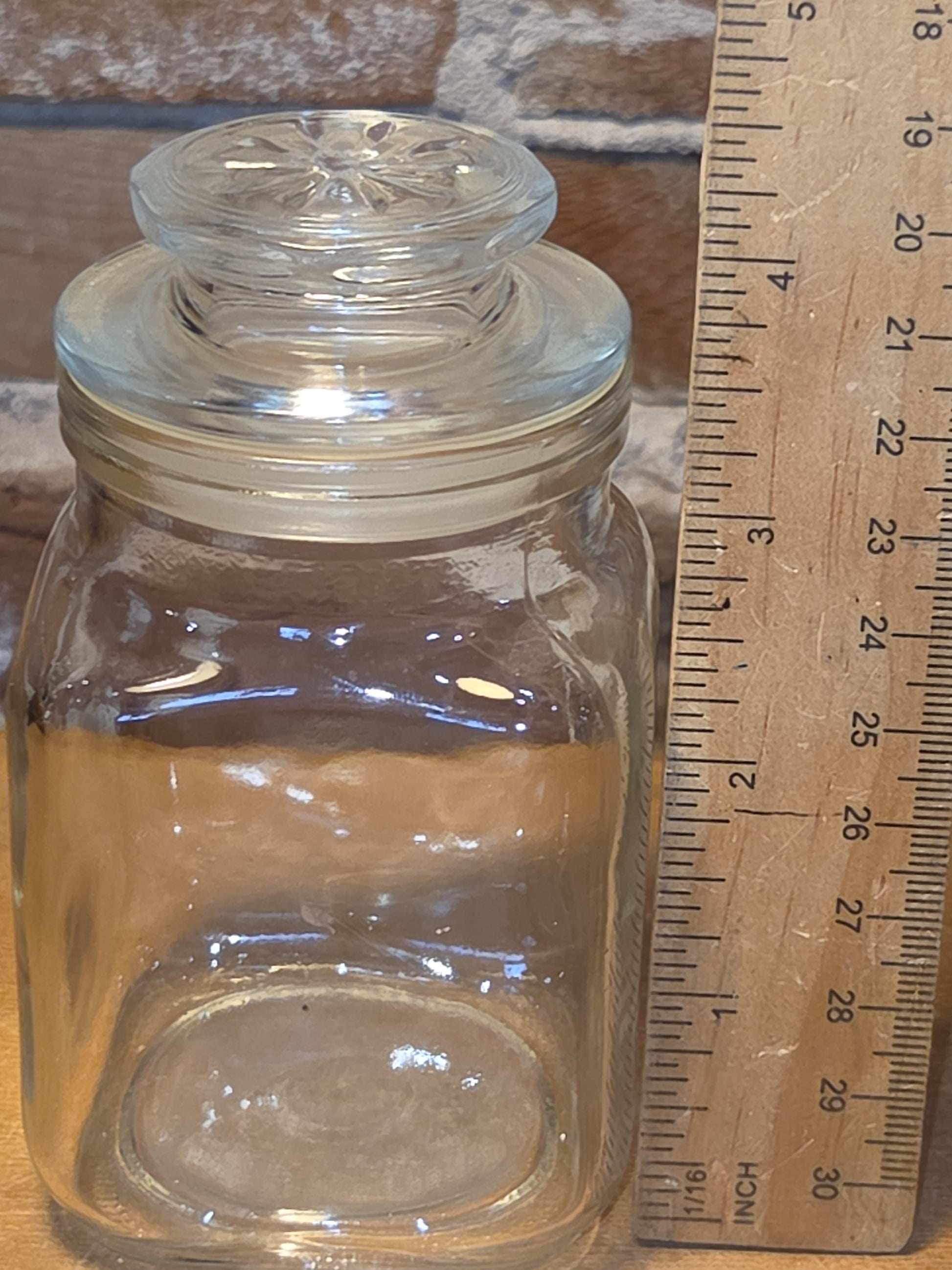 Vintage Clear Glass Square Canister with Sunburst Lid 2 1/2" square sj1
