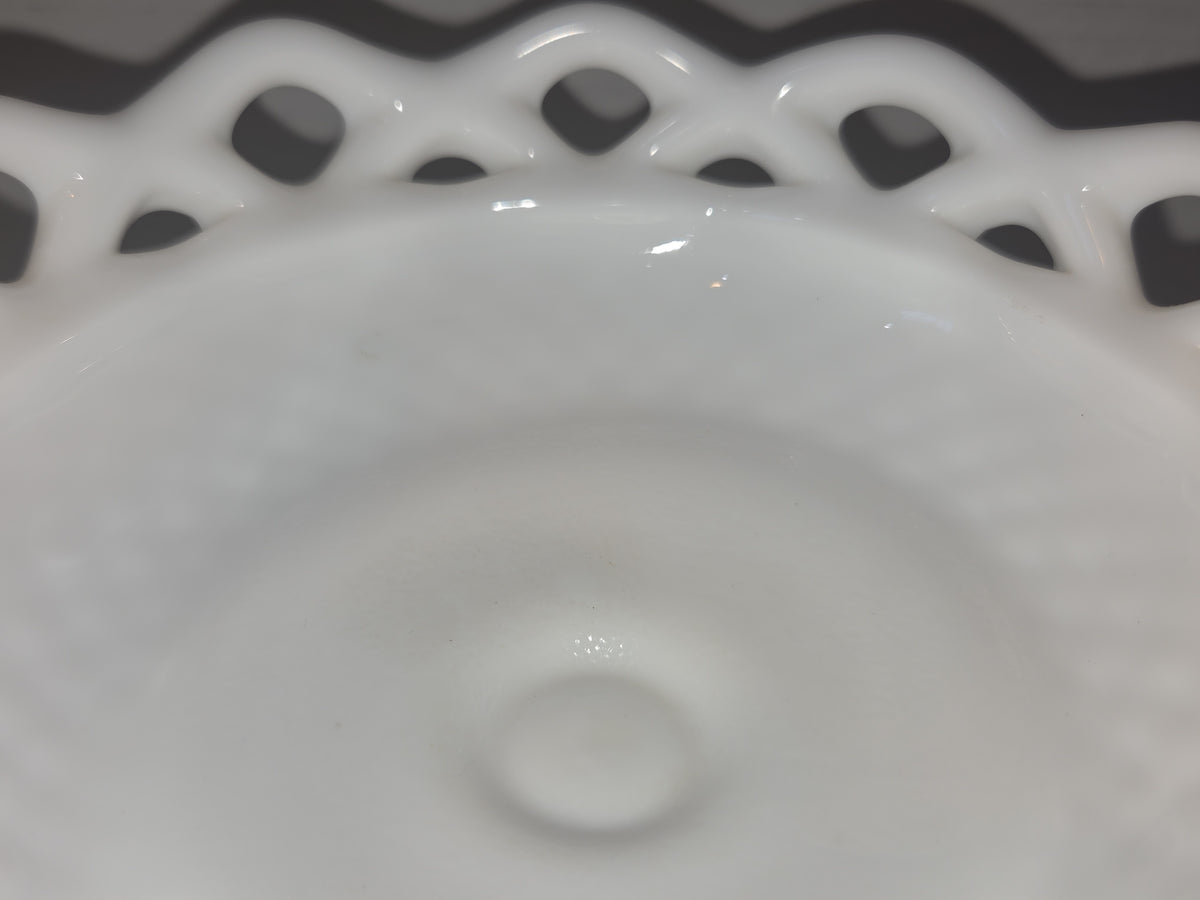 Vintage Imperial Glass White Milk Glass Footed Compote Open Laced Edge Crochet Edge and Diamond Point Pattern mg101