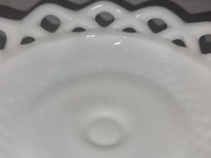 Vintage Imperial Glass White Milk Glass Footed Compote Open Laced Edge Crochet Edge and Diamond Point Pattern mg101