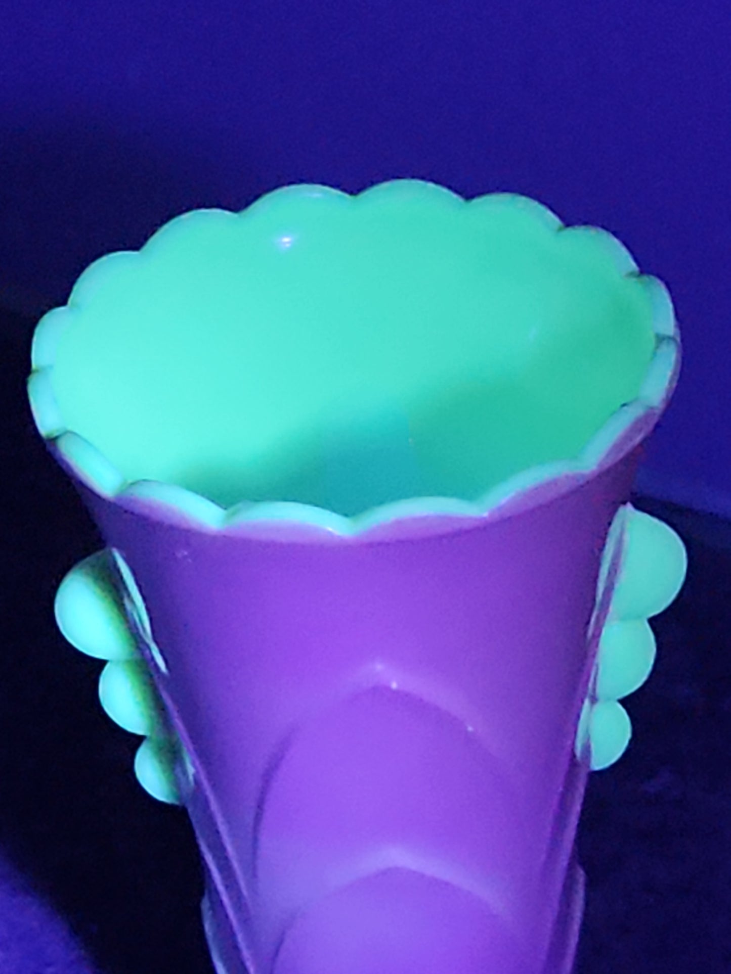 Vintage Vitrock Uranium Glass Vase Peach and White Scalloped Edges Beaded Handles Art Deco Vase GLOWS GREEN gl90