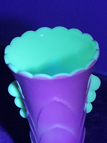 Vintage Vitrock Uranium Glass Vase Peach and White Scalloped Edges Beaded Handles Art Deco Vase GLOWS GREEN gl90