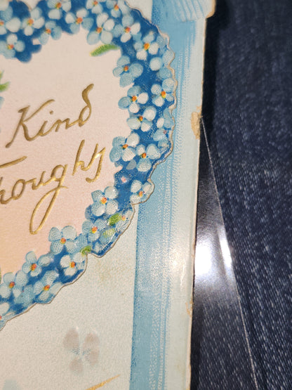 Antique Tuck & Sons Valentines Day Greeting Card Girl, gold birds, blue flowers, Kind Thoughts