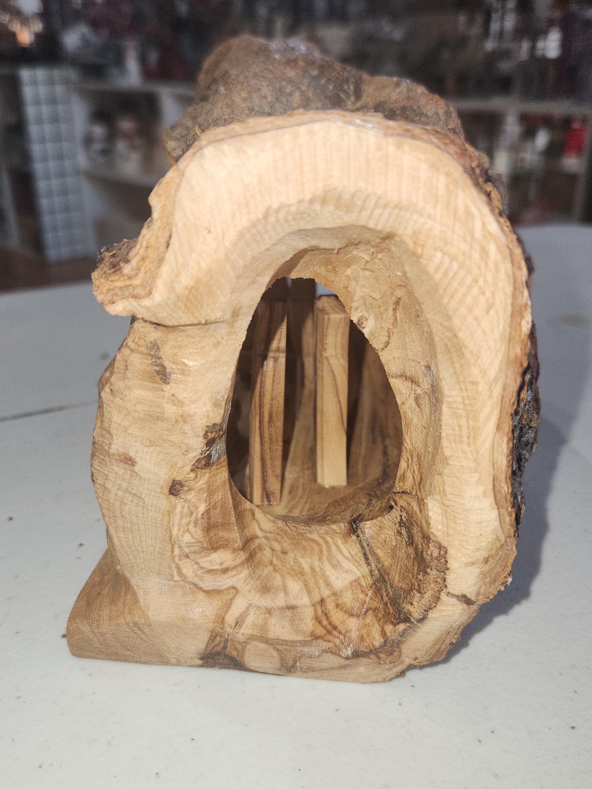 Nativity Medium Grotto Carved in Olive Wood Branch Made in Bethlehem 4" x 8" n2a