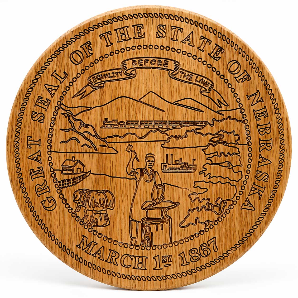 Handcrafted Wooden Great Seal of the State of Nebraska | 13" x 13" | Wilkens Wood Design