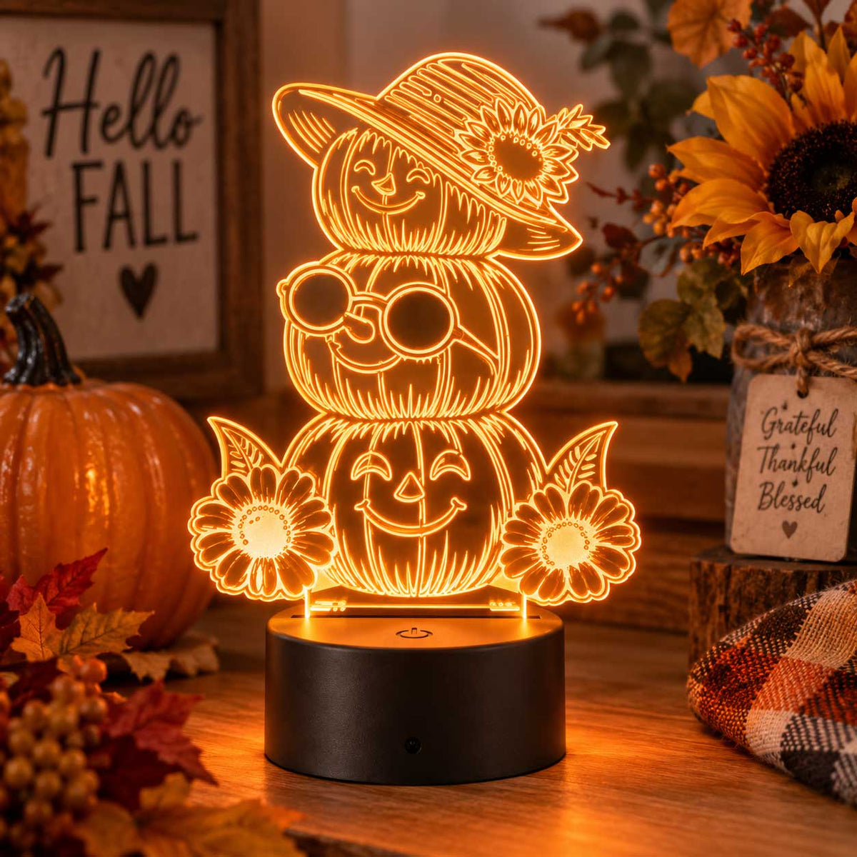 Stacked Pumpkin Fall Themed LED Lighted Plaque | Glowing Creation