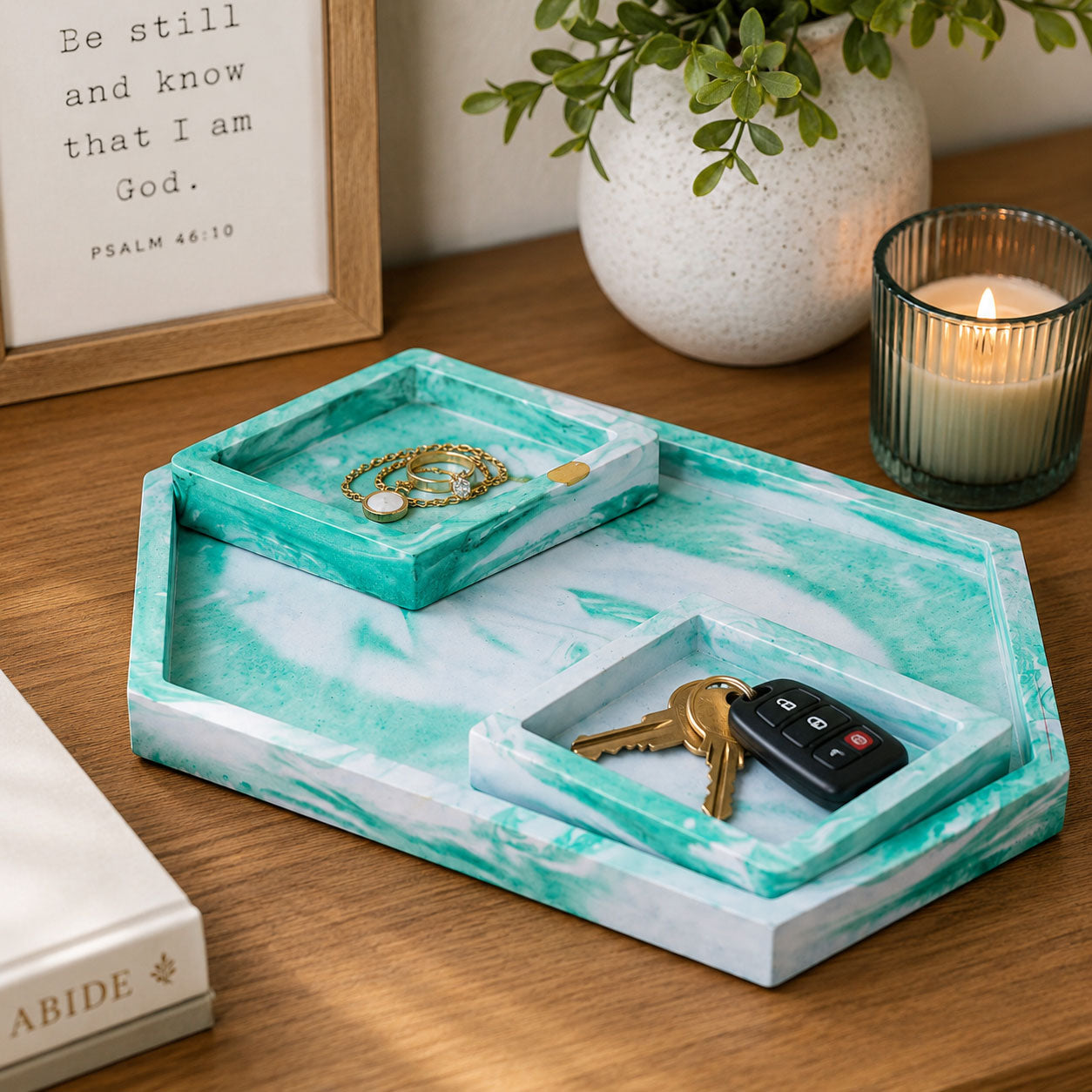 SALE SMALL CHIP | Resin-Concrete Jewelry Tray Set | 6.5" x 4" Hexagon | Color Crete Creations