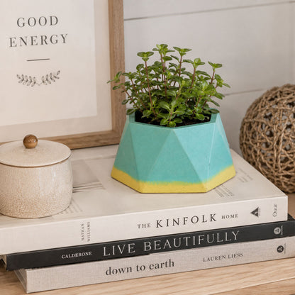 Hexagon-Shaped Pottery Plant Holder | Aqua & Yellow | 4.5" x 3.75" x 2" | Color Crete Creations