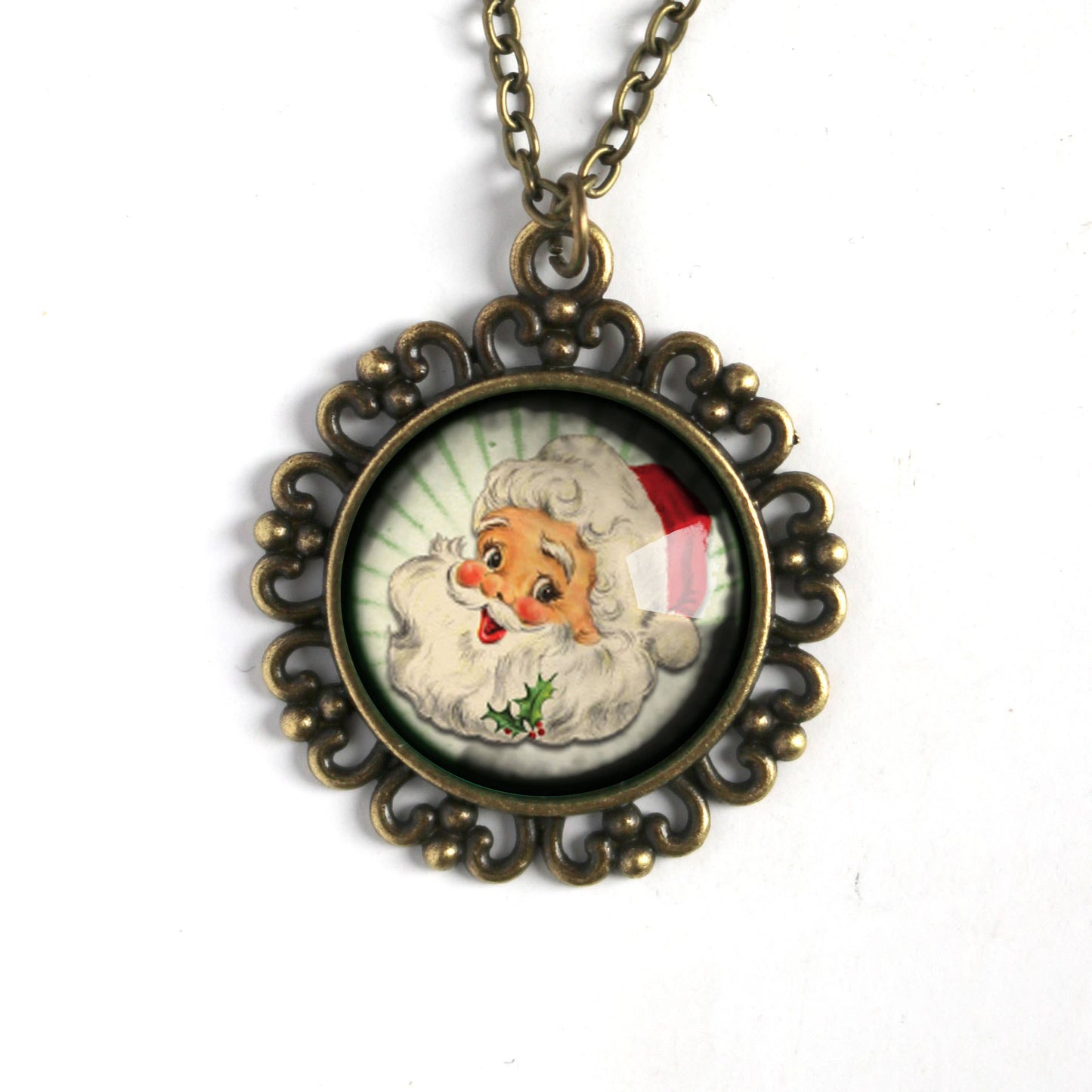 Retro Santa on Green Christmas Pendant Necklace: 20mm Ornate Necklace